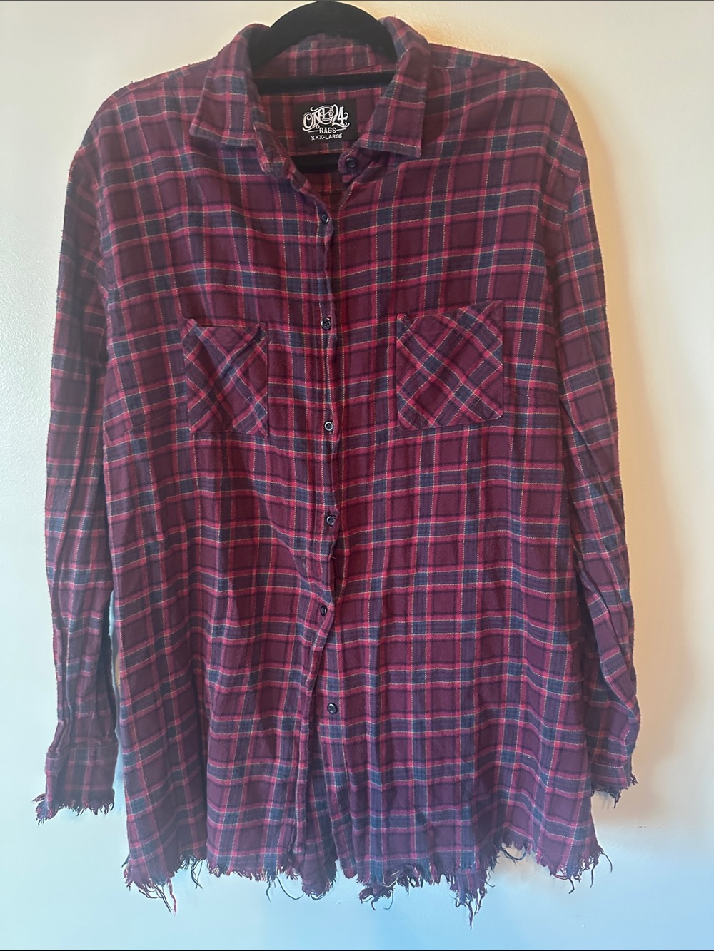 One24 Plaid Button Down Mens 3XL Burgundy Good Distressed Hem Oversized Shirt